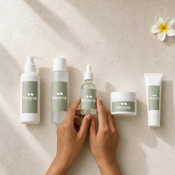 Les cinq produits de la routine coréenne alignés sur la pierre